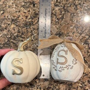 2 pk Decorative White and Cream Pumpkins with Gold Accents Letter “S”